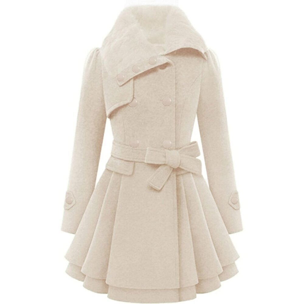 🆕Women's Beige Zeagoo Winter Trench Coat Faux Fur Lapel Double Breasted Design